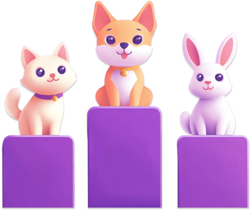 Three pastel cartoonish animals sitting atop purple bars.