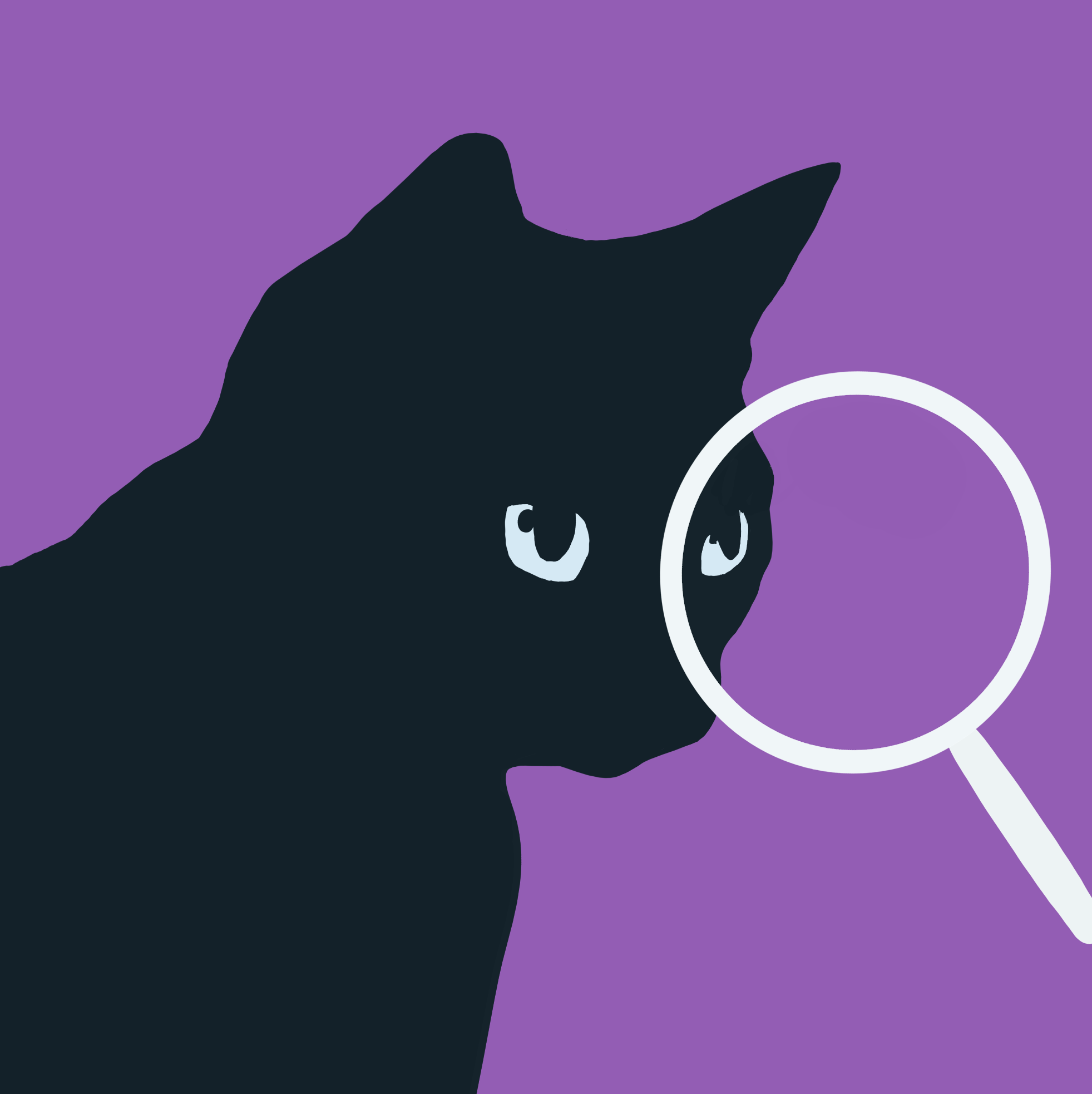 The PetPeek logo. A black cat with a white magnifying glass on a purple background.